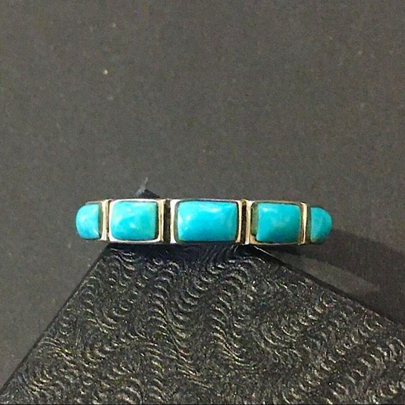 Sterling Silver Turquoise Cabochon Inlay Band Ring Sz 8 - Picture 1 of 7